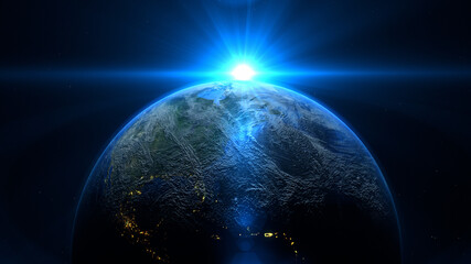 Blue sunrise and shadow on the earth rotate in space with star in universe. World realistic...