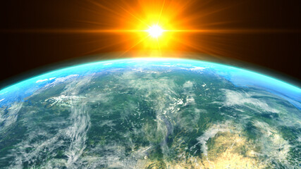 Orange sunrise and shadow on the earth rotate in space with star in universe. World realistic atmosphere 3D volumetric clouds texture surface.  Elements of this image are furnished by NASA