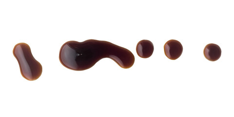 Soy sauce isolated on a white background. Balsamic vinegar, Teriyaki, Oyster sauce puddles