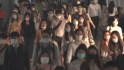 Large crowd of business people with medical face mask. Air pollution. Blurred defocused view of Concept of coronavirus, covid 19 quarantine, - Powered by Adobe