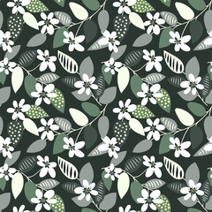 Mystical floral print in a trendy muted swamp (khaki ) color palette. Spotted leaves, branches of flowers on a dark green background. Oriental botanical seamless pattern. Vector illustration.