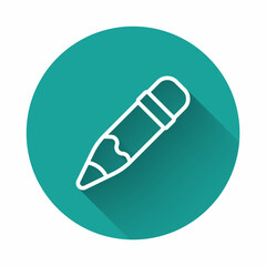 White line Pencil with eraser icon isolated with long shadow background. Drawing and educational tools. School office symbol. Green circle button. Vector