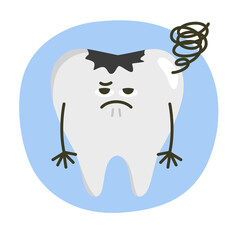 歯のイラスト。虫歯が出来て落ち込んでる歯のキャラクター。