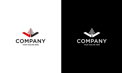 Real estate or construction company logo template with apartmen high rise building and arrow letter V symbol in flat design monogram illustration