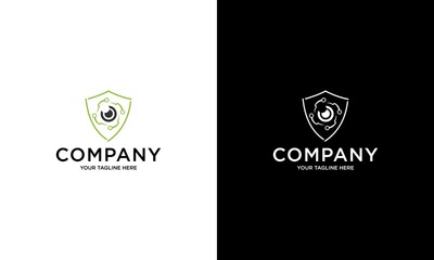 Abstract Eyes Logo Design. Green shield security camera icon. Can be used for Business and Technology Logos. Flat Vector Logo Design Template Elements.