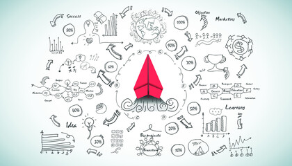 red paper plane and business strategy on white background plan, business success,idea and concept creativity illustration business  innovation technology modern. 