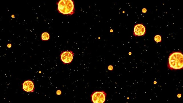 Many abstract fire balls flying on black background. Fire sphere slowly float. Loop animation.