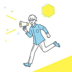 拡声器を持ち応援するビジネスマンの全身イラスト素材