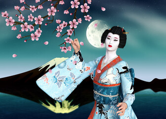 3D Geisha in blue kimono and sakura at night