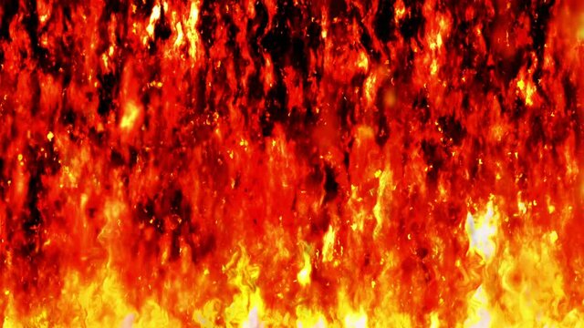 Comic cartoon pattern of burning fire flames on black background. Dangerous red fire. Loop animation.