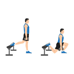Man doing Bulgarian split squats exercise. Flat vector illustration isolated on white background