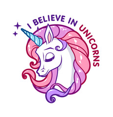 Cute pink unicorn logo with slogan. Isolated vector illustration.