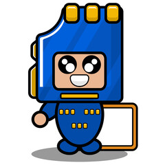 Fototapeta premium blue memory card mascot costume cute vector cartoon character carrying white board