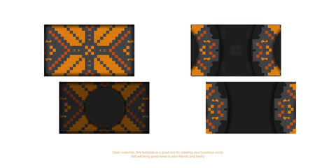 A set of black business cards with an orange Slovenian ornament. Print-ready business card design with space for your text and luxurious patterns.