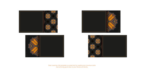Black business card design with orange Slavic ornament. Stylish business cards with space for your text and luxurious patterns.
