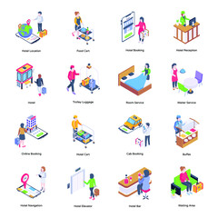 Top Trendy Isometric Illustrations of Hotel Services 

