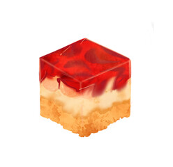 llustration of a colored drawing of sweets: a piece of jelly cake with layers of yellow and red and citrus slices in jelly on a white isolated background. High quality illustration