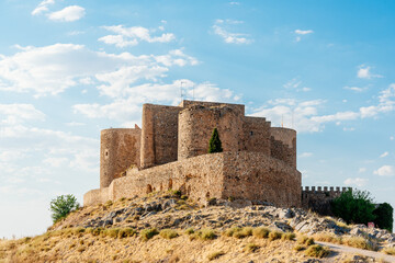Fototapeta na wymiar Restored medieval castle and walls on a hill