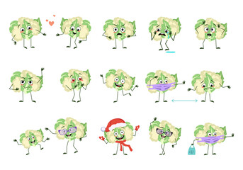 Set of characters cauliflower with emotions, face, arms and legs. Funny or sad vegetable falls in love, keeps distance in a mask, dances in a Santa hat