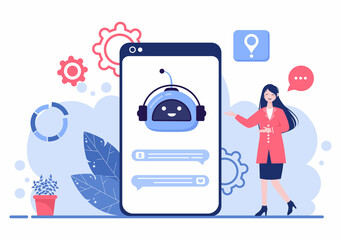 Robot Virtual Assistance or Chatbot Background Vector illustration. People smartphone conversation with Online technical support and Messaging