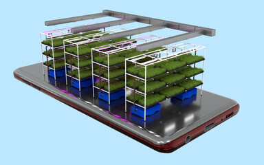 Modern farm for plants on a smartphone. Innovation technology for smart farm system with smart technology concept. 3d illustration