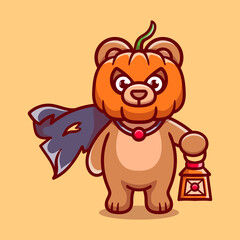 cute halloween pumpkin head bear illustration carrying a lantern