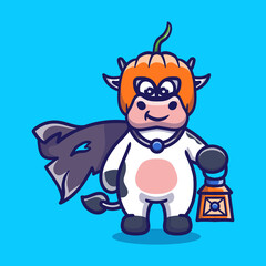 cute halloween pumpkin head cow illustration carrying a lantern