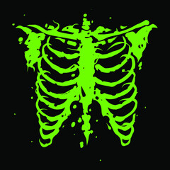 Green chest bone. Skeleton horror illustration. T-shirt print for Halloween. Hand drawing illustration isolated on black background. Vector EPS 10.