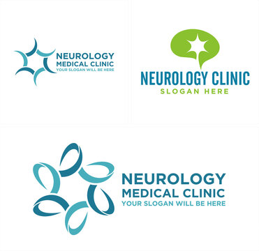 Neurology medical clinic with brain and nerve nucleus icon vector logo