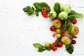 Autumn yellow, orange and red vegetables and fruits on white brick wall background, top view, flat lay. Autumn background.