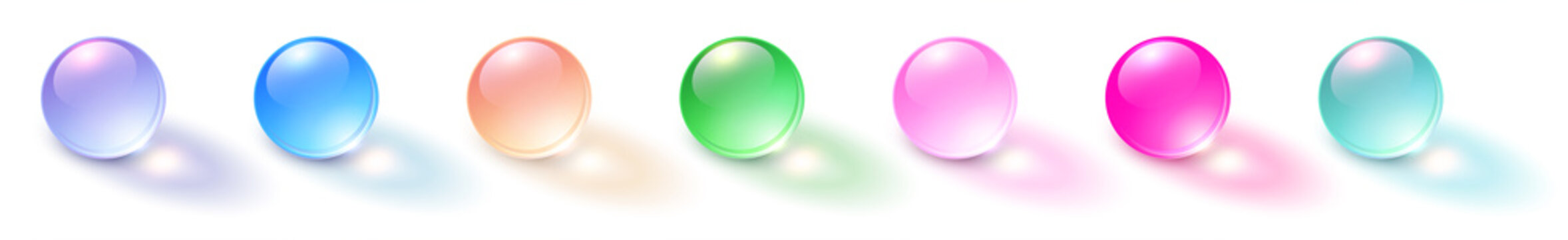 Set of colored spheres, shiny and glossy 3D colorful glass balls collection, multicolored vector illustration.