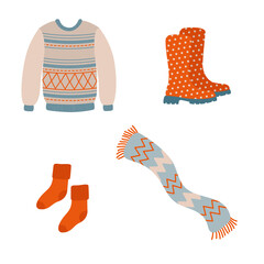 Cute cozy Fall season clothing and accessories. Autumn clothes for cold weather. Hand drawn elements set with sweater, rubber boots and knitted socks. Flat Vector illustration isolated on white