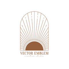 Minimal boho sun logo in trendy linear style. Sun and sunburst. Vector bohemian icon for handmade products, cosmetics, travel concept illustrations etc. Branding.