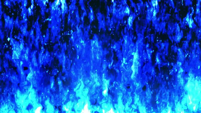Comic cartoon pattern of burning fire flames on black background. Dangerous blue fire. Loop animation.