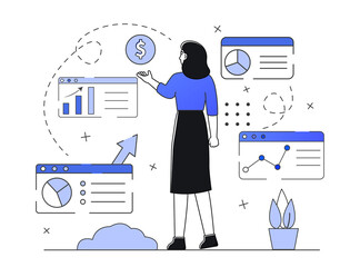 Money management concept. Women hold coins. Vector outline style illustration concept.