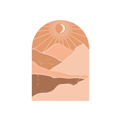 Mid century boho print. Abstract bohemian landscape. Mountains, desert, sun and sunset. Wall décor in earth tones. Vector design for poster, social media, websites, cover, T-shirt print etc.
