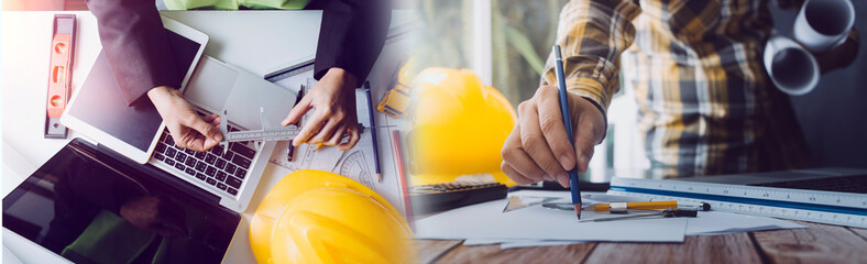 Construction engineer working at blueprint to build large commercial buildings in office. Engineering tools and construction concept. - obrazy, fototapety, plakaty