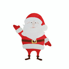 Collage paper Santa Claus cut by hand on hand-painted watercolor paper. Style cutout. Santa waves his hand and is dressed in a traditional red costume, hat, belt, and brown boots. 