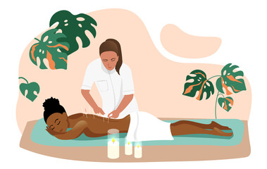 Obraz premium professional acupuncture for an African-American girl. Vector illustration, a healing procedure