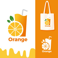 Orange Juice logo concept with glass straw and orange fruit illustration for summer brand  identity  