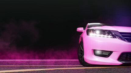 Pink sport modified car with smoke and pink neon on the asphalt road at night,copy space - obrazy, fototapety, plakaty