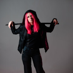 Techno cyber punk style, futuristic ninja, young woman with pink hair