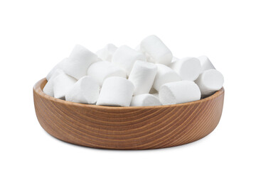 Delicious puffy marshmallows in wooden bowl on white background