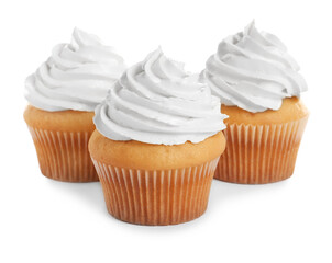 Delicious cupcakes decorated with cream on white background