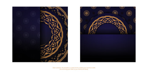 Luxurious Template for design postcards in blue color with luxury patterns. Preparing an invitation with a place for your text and vintage ornaments.