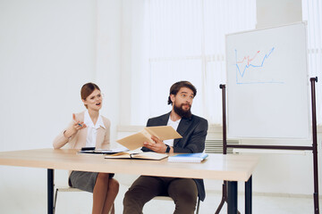 business men and women work desk message emotions professionals work colleagues