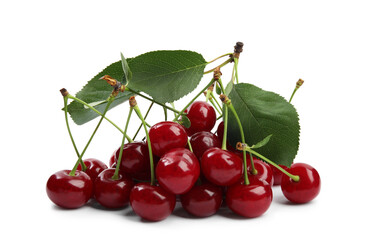 Pile of fresh ripe cherries with green leaves on white background