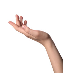 Woman holding something against white background, closeup
