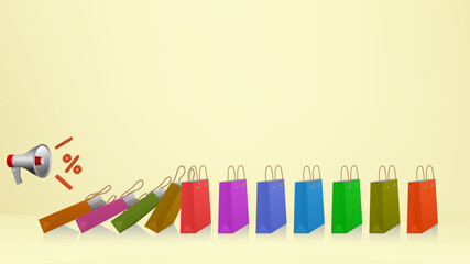 Realistic megaphone and colorful paper shopping bags with domino effect on white background.