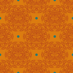 Orange seamless pattern with masks of the Polynesian tribes.